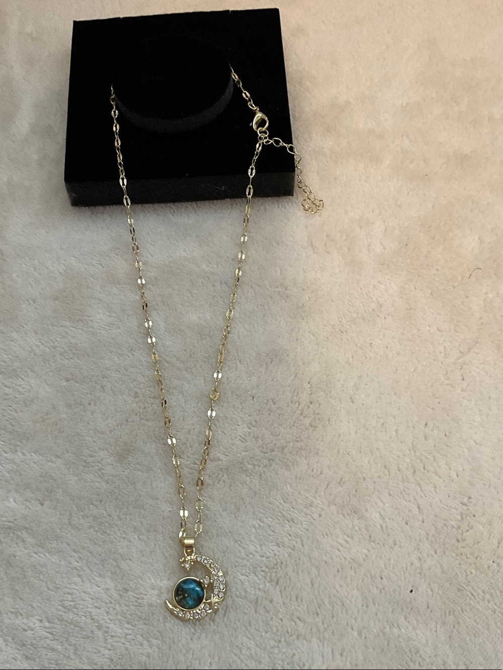 Gold Crescent Moon Necklace with Blue Stone Pendant